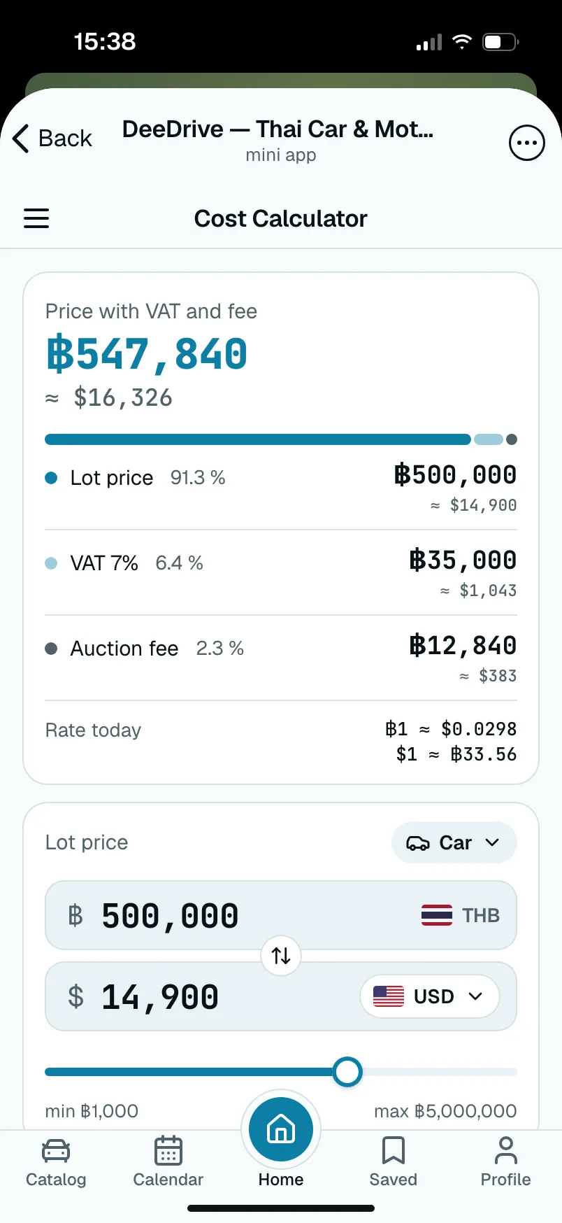 Calculator: a ฿500,000 lot with VAT and the auction fee comes to ฿547,840, about $16,326