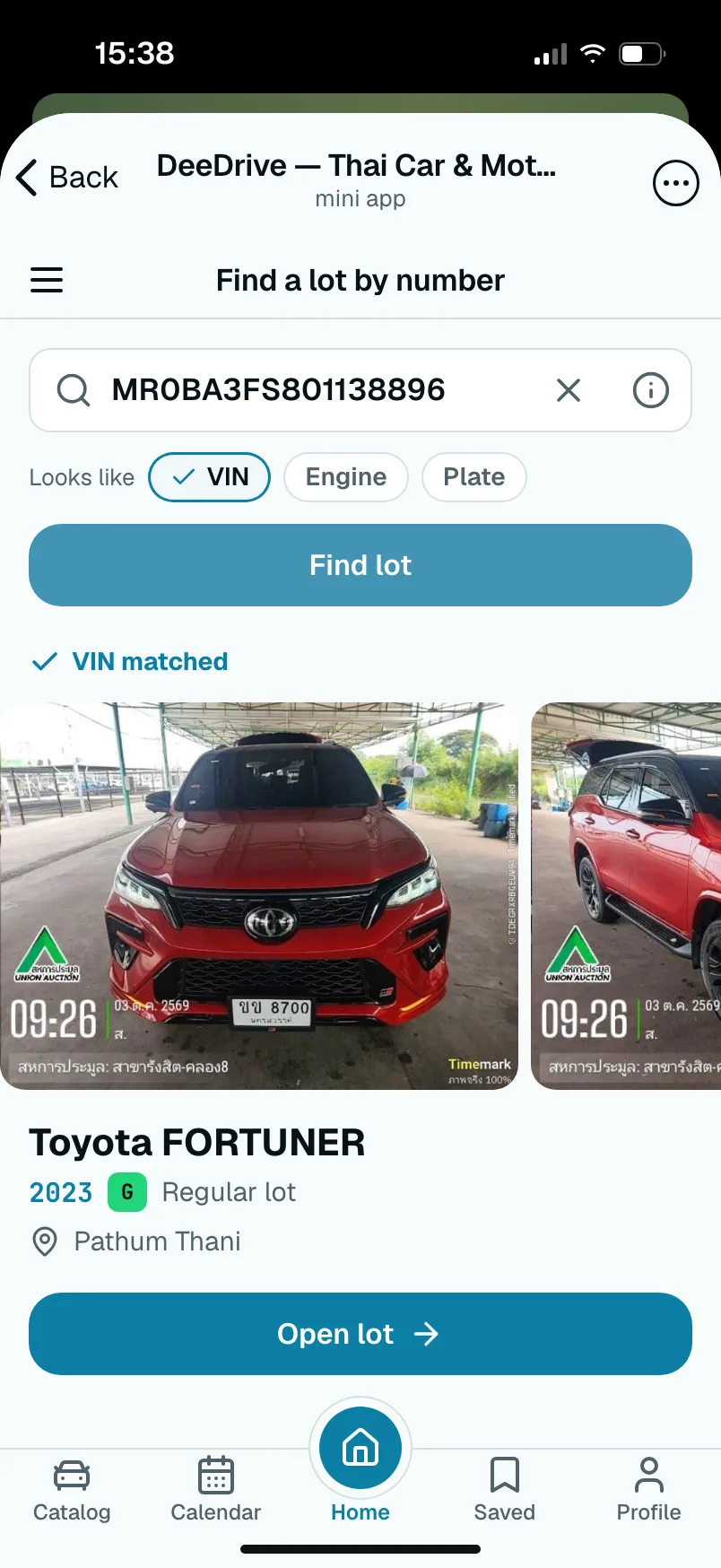 VIN lookup: a Toyota Fortuner 2023 found, with an Open lot button